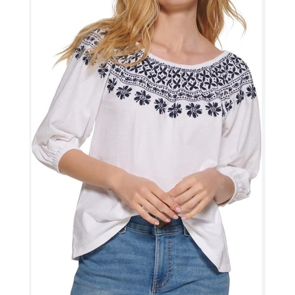 Tommy Hilfiger Top Womens XS White Embroidered Off The Shoulder Peasant Boho NWT